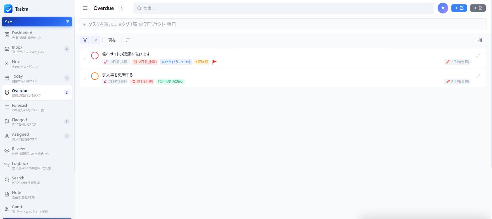 TaskraのOverdueビュー。期限を過ぎた未完了タスクが2件表示されている
