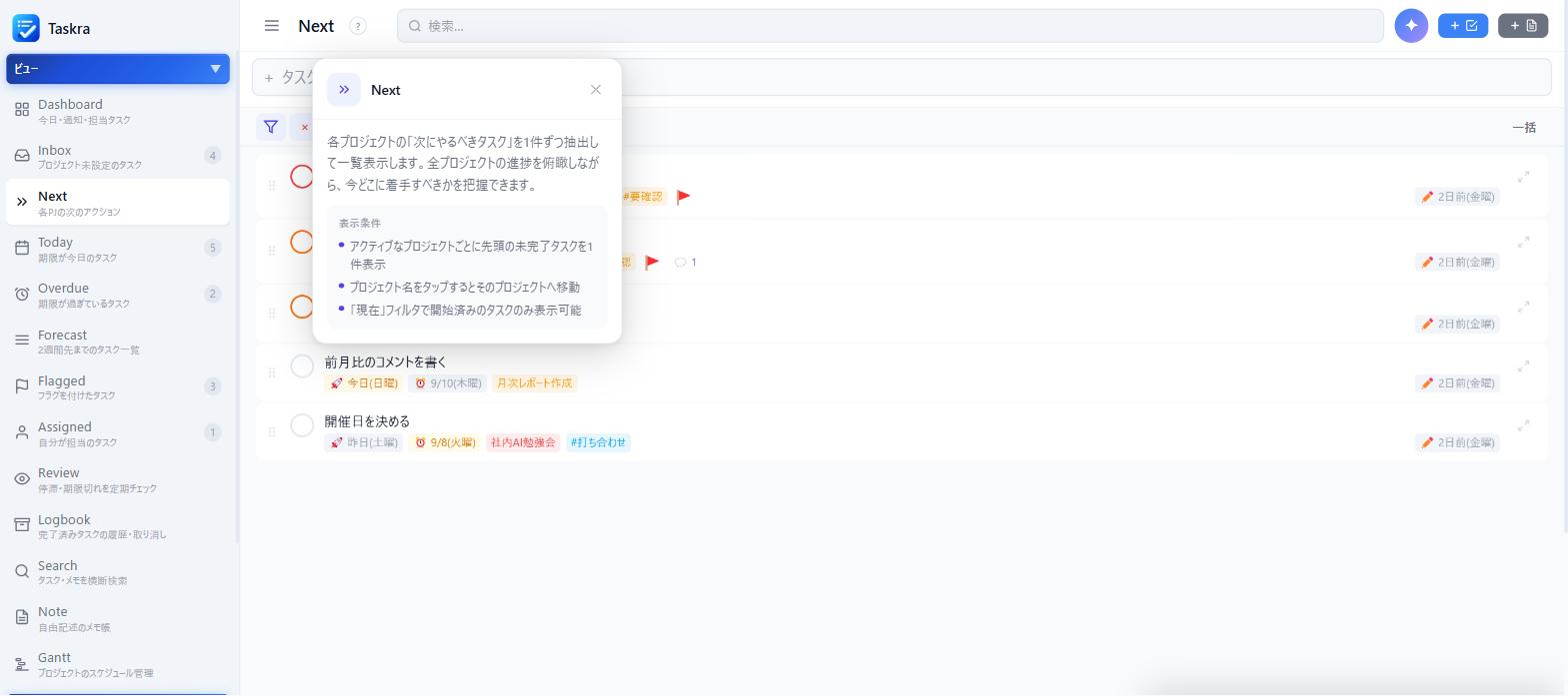 Taskraのビュー名の横にある「?」ボタンを押すと、そのビューの説明と表示条件がポップアップで表示される
